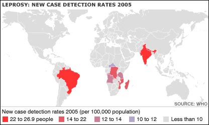 A map showing leprosy detection rates around the world per 100,000 population - source WHO